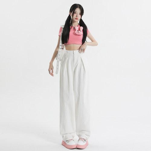 高腰阔腿牛仔裤女宽松显瘦