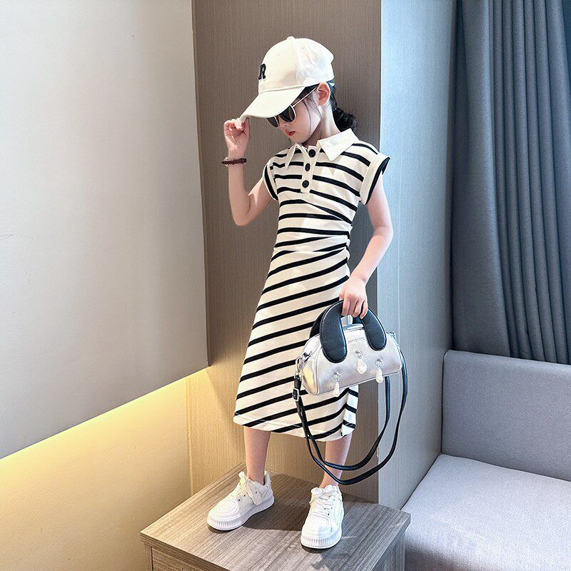女童条纹连衣裙夏装新款洋气童装polo长款T恤裙大童儿童夏季裙子