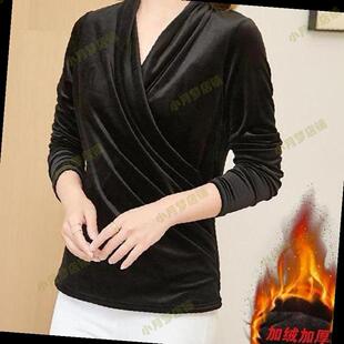 黑色V领金丝绒长袖T恤女加绒加厚修身收腰褶皱上衣保暖妈妈打底衫