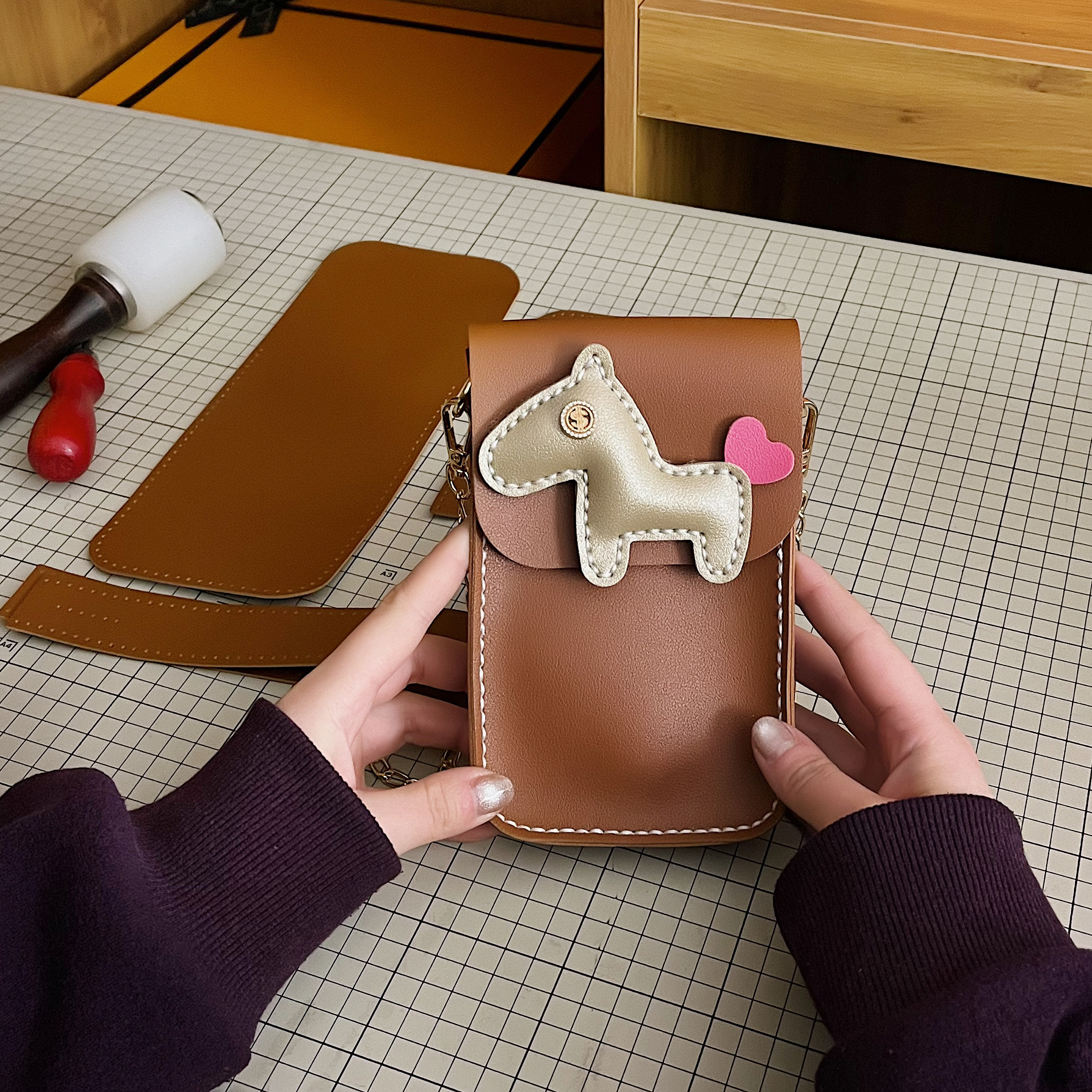 马年新年红色包包diy手工编织材料包自制成品小方包迷你手机小包