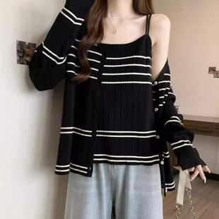 微胖mm300斤减龄套装 两件套 女春秋大码 显瘦遮肉背心吊带针织开衫