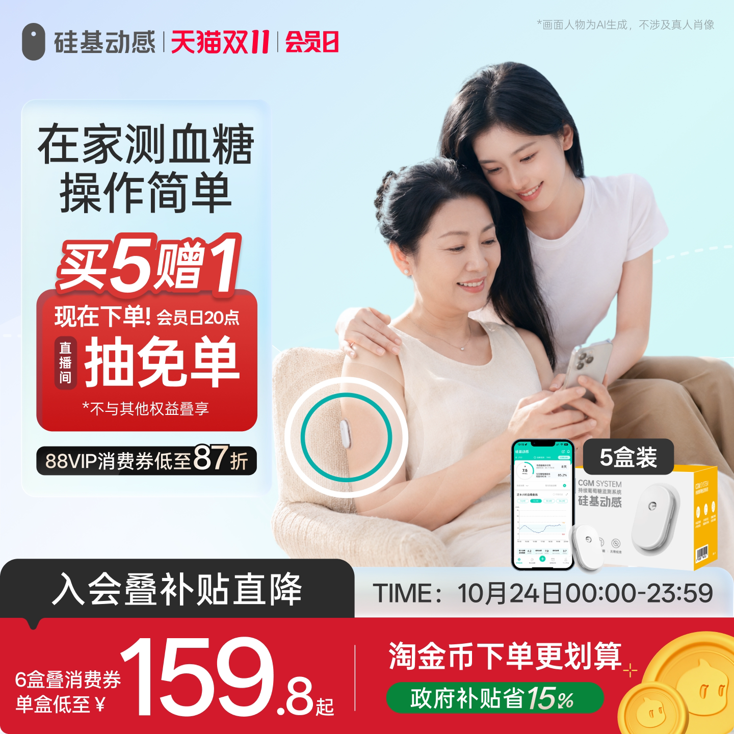 硅基动感GS1动态血糖仪 家用免扎手指 24小时…