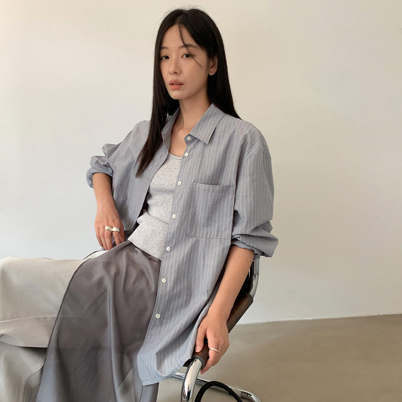 法国chrry koop 复古条纹休闲纯棉衬衫女秋季新款中长款宽松显瘦