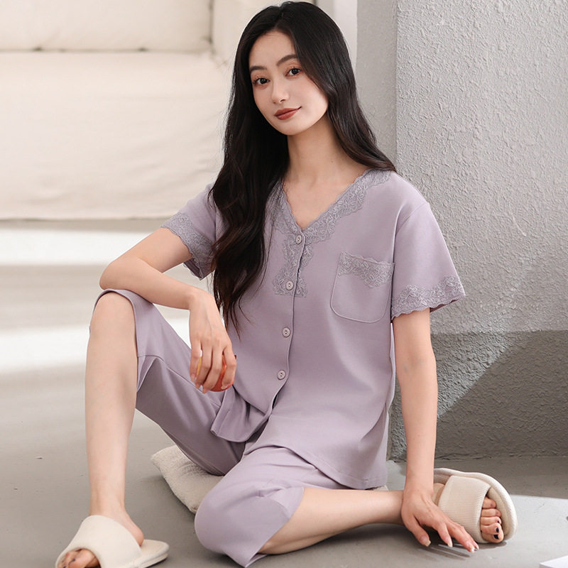 日系cherrykoko妈妈睡衣女夏季棉短袖七分裤中老年人宽松加大码