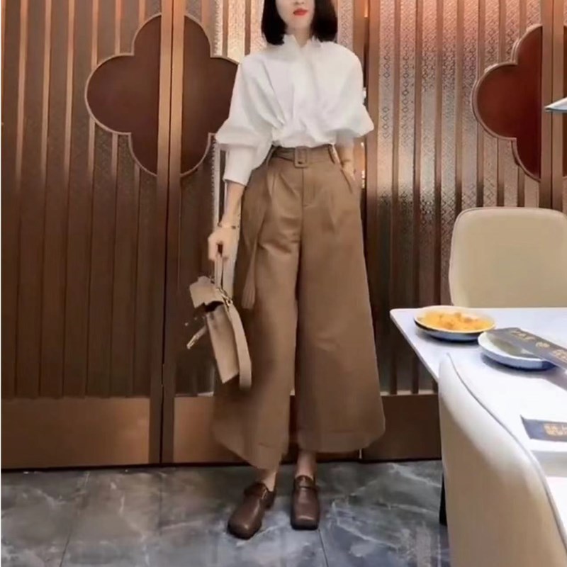 法国cherrykoko夏季新款时尚灯笼袖衬衫高腰阔腿裤显瘦女装