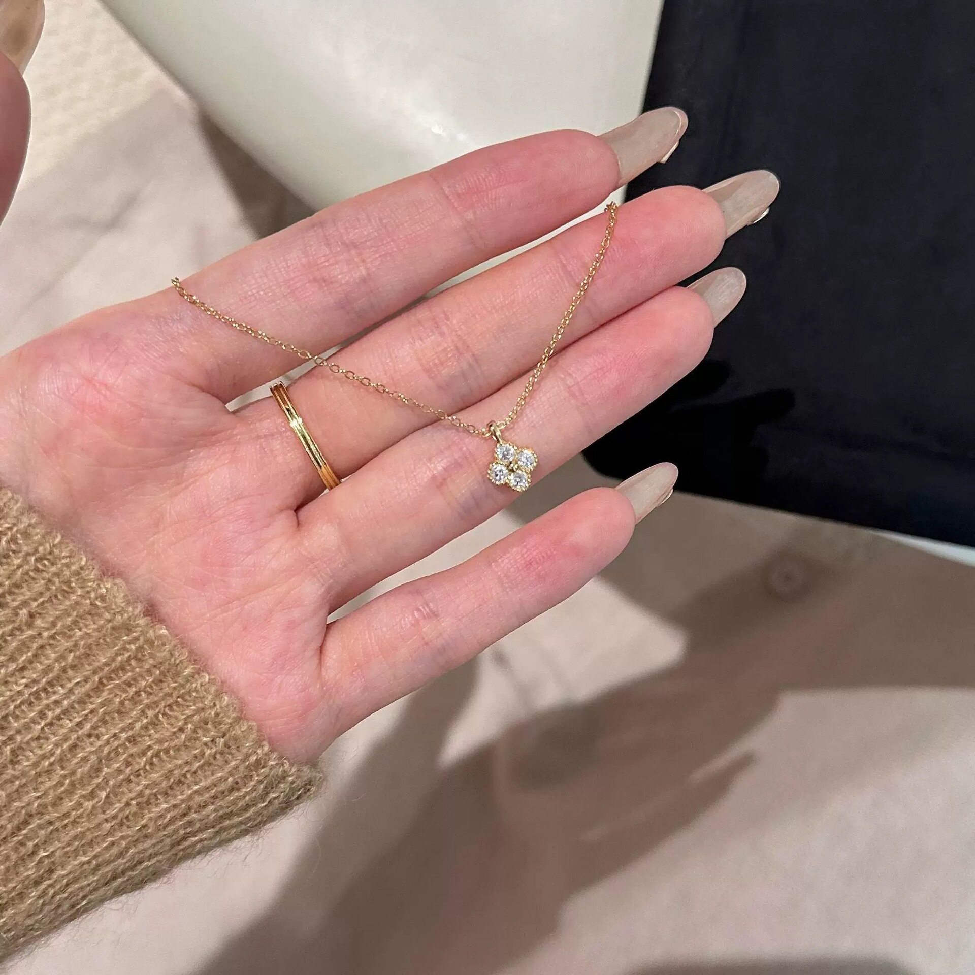 日系cherrykokos925银电镀18k金四叶草花卉项链女小众设计镶钻