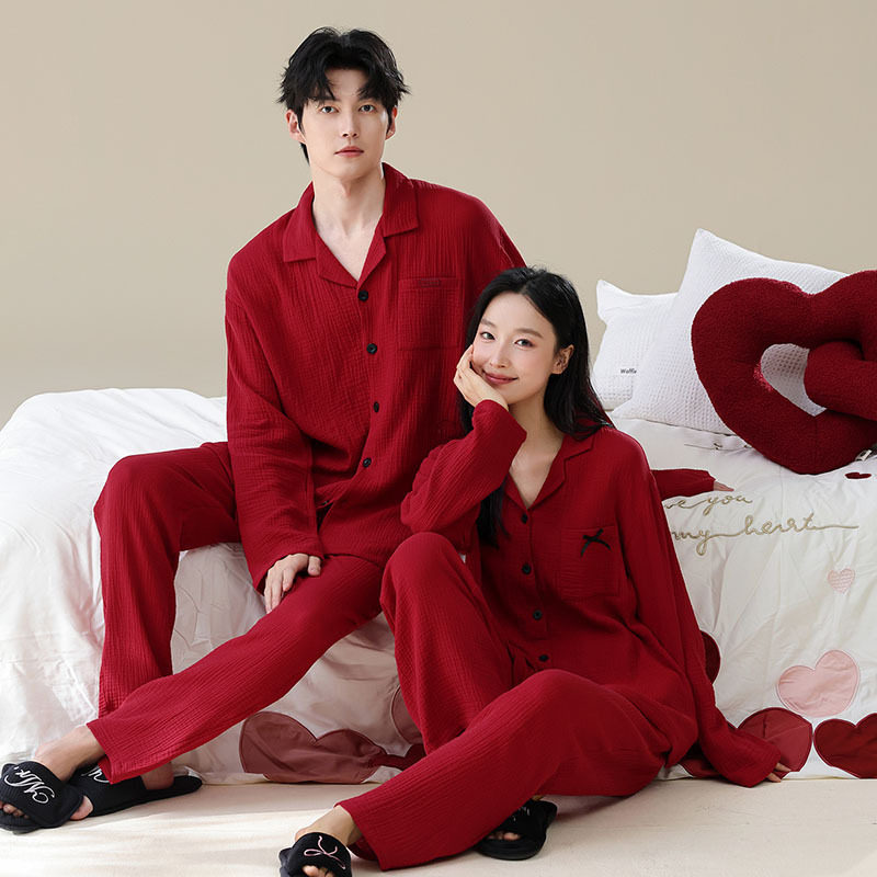 日系cherrykoko秋冬季棉红色睡衣结婚开衫长袖情侣装一男一女