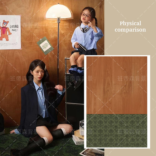 学院风复古木板一家三口影棚室内拍照全家福木纹影楼婚纱摄影拍照