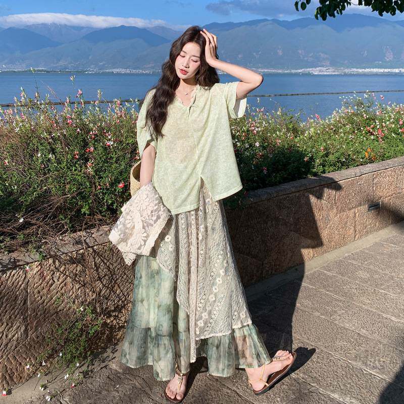 森系甜美风气质绿色衬衫套装女夏季2026新款蕾丝晕染半身裙两件套