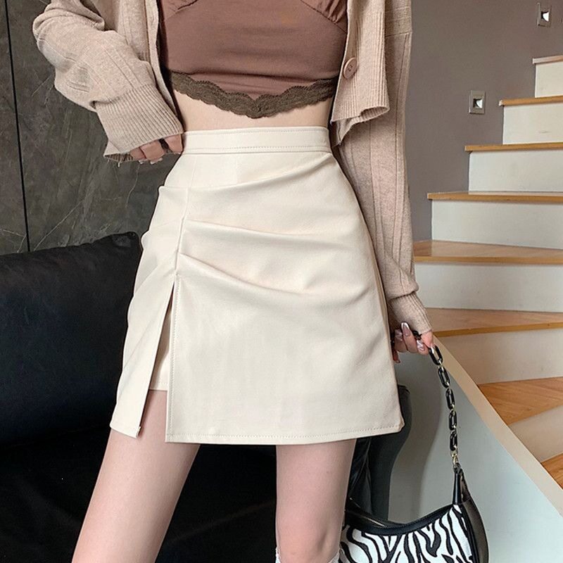 开叉褶皱PU小皮裙女显瘦半身裙高腰防走光遮胯a字裙包臀短裙子女