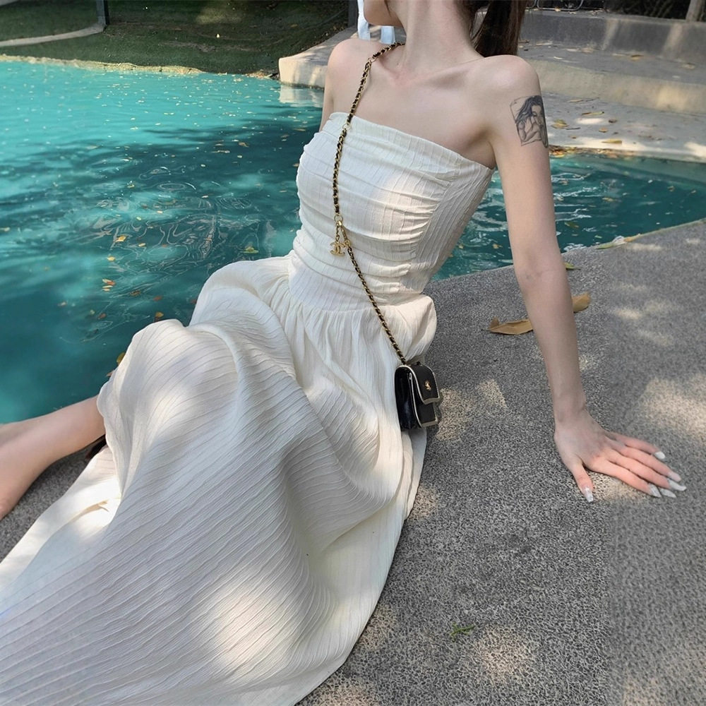 法式抹胸一字肩连衣裙女夏季辣妹纯欲裙子小个子显高收腰气质长裙