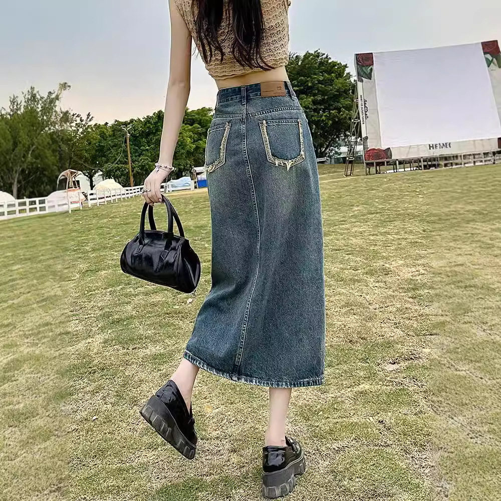 复古开叉牛仔半身裙女夏季薄款2026新款高腰显瘦中长款a字包臀裙