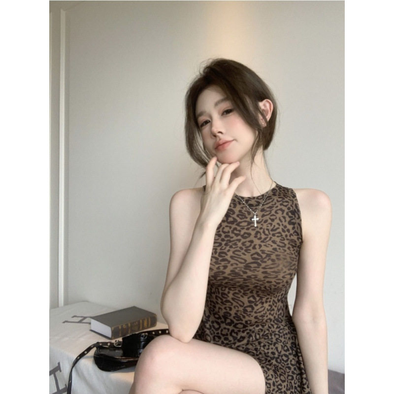 美式2豹纹吊带背心女外穿夏季泰式甜辣妹不规则开叉抹胸小上衣