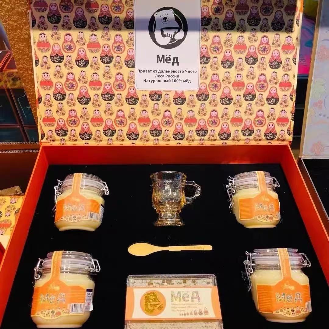 俄罗斯进口椴树蜜礼盒装送礼佳品蜂蜜礼盒套装蜂巢蜜天然野生结晶