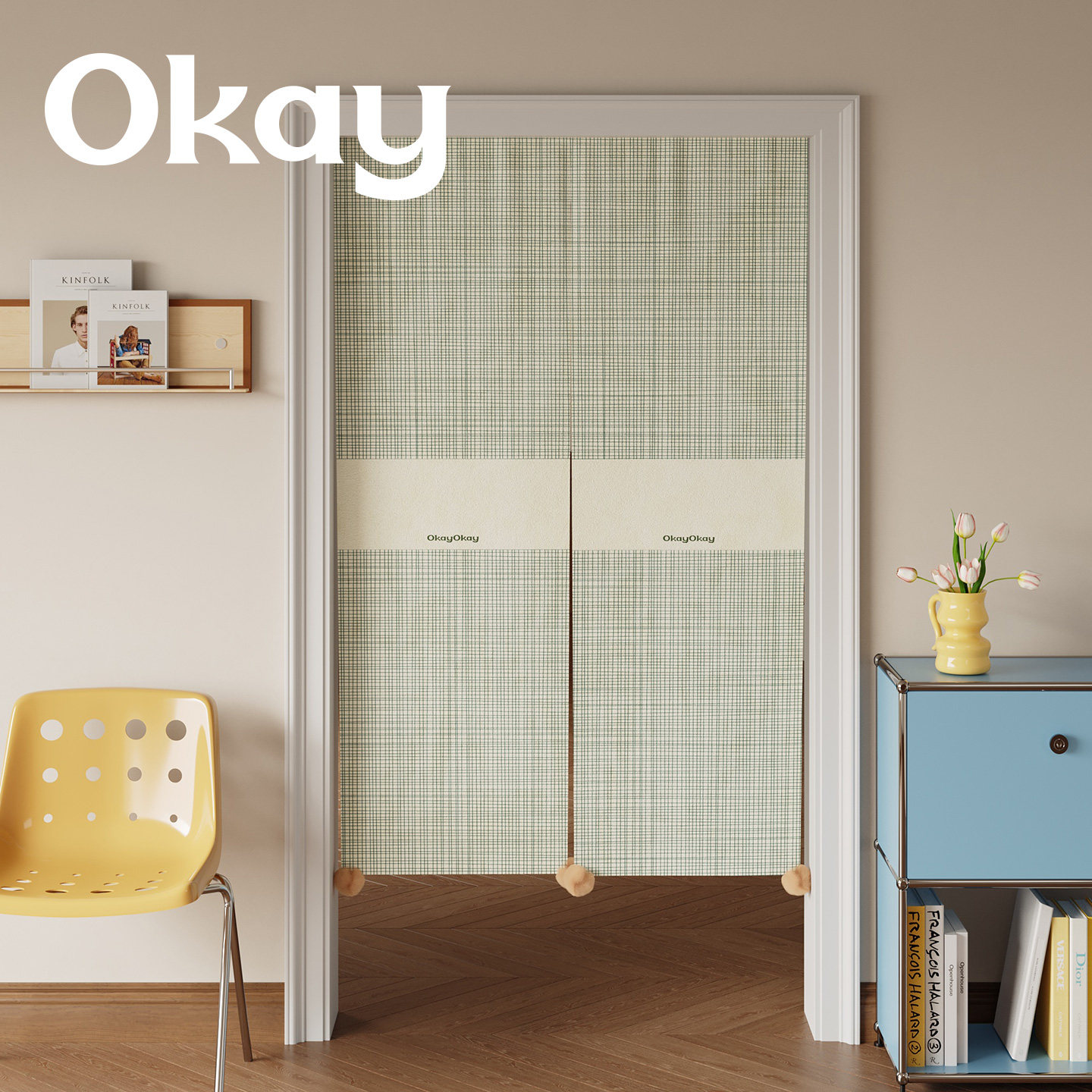 okay格致笺门帘韩系毛球遮挡帘厨房防油烟半开卧室免打孔隔断帘