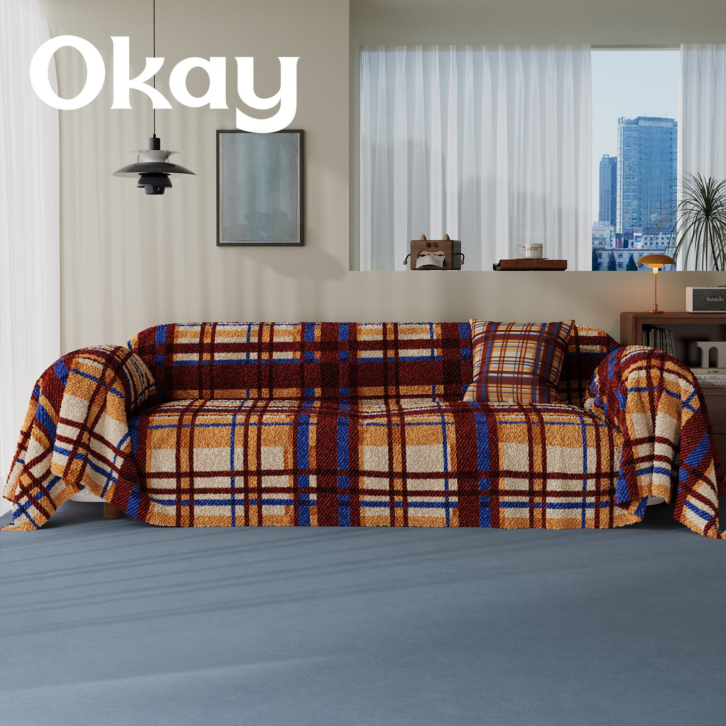 okay红棕条纹沙发巾红色新年毛绒 ins风喜庆百搭全包沙发盖布套罩,居家布艺,沙发套,淘宝优惠券,粉丝福利购,淘宝优惠卷