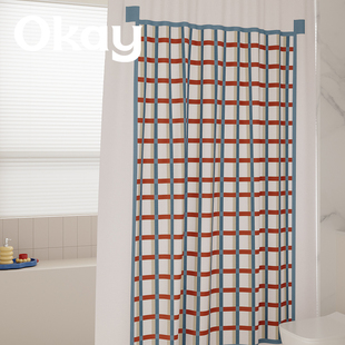 okay格子咖啡浴帘韩系防水卫生间隔断挂帘多巴胺淋浴间免打孔门帘
