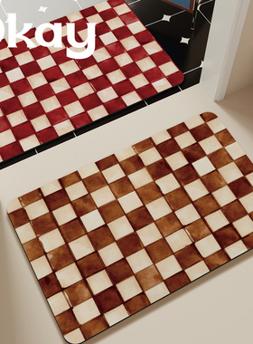 okay深秋物语浴室吸水地垫红色格子厕所门口脚垫卫生间门垫防滑垫