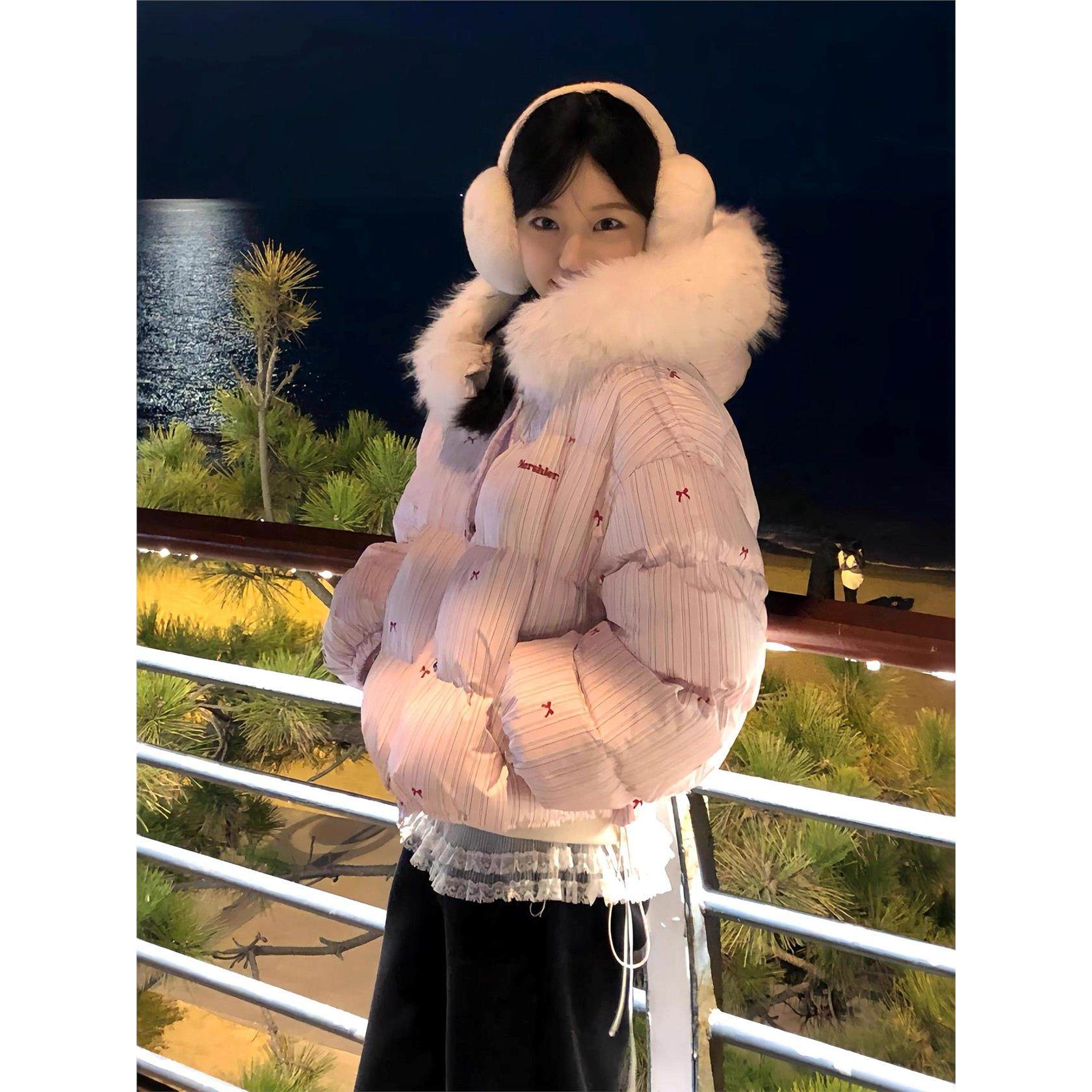 美式粉色条纹蝴蝶结毛领连帽棉服女冬季新款保暖加厚短款面包服潮,个性定制/设计服务/DIY,棉服工装,淘宝优惠券,粉丝福利购,淘宝优惠卷