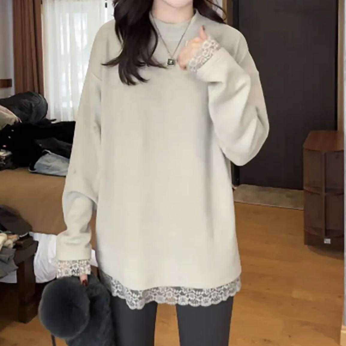 蕾丝花边拼接德绒长袖T恤女冬季新款宽松显瘦中长款打底衫上衣,女装/女士精品,T恤,淘宝优惠券,粉丝福利购,淘宝优惠卷