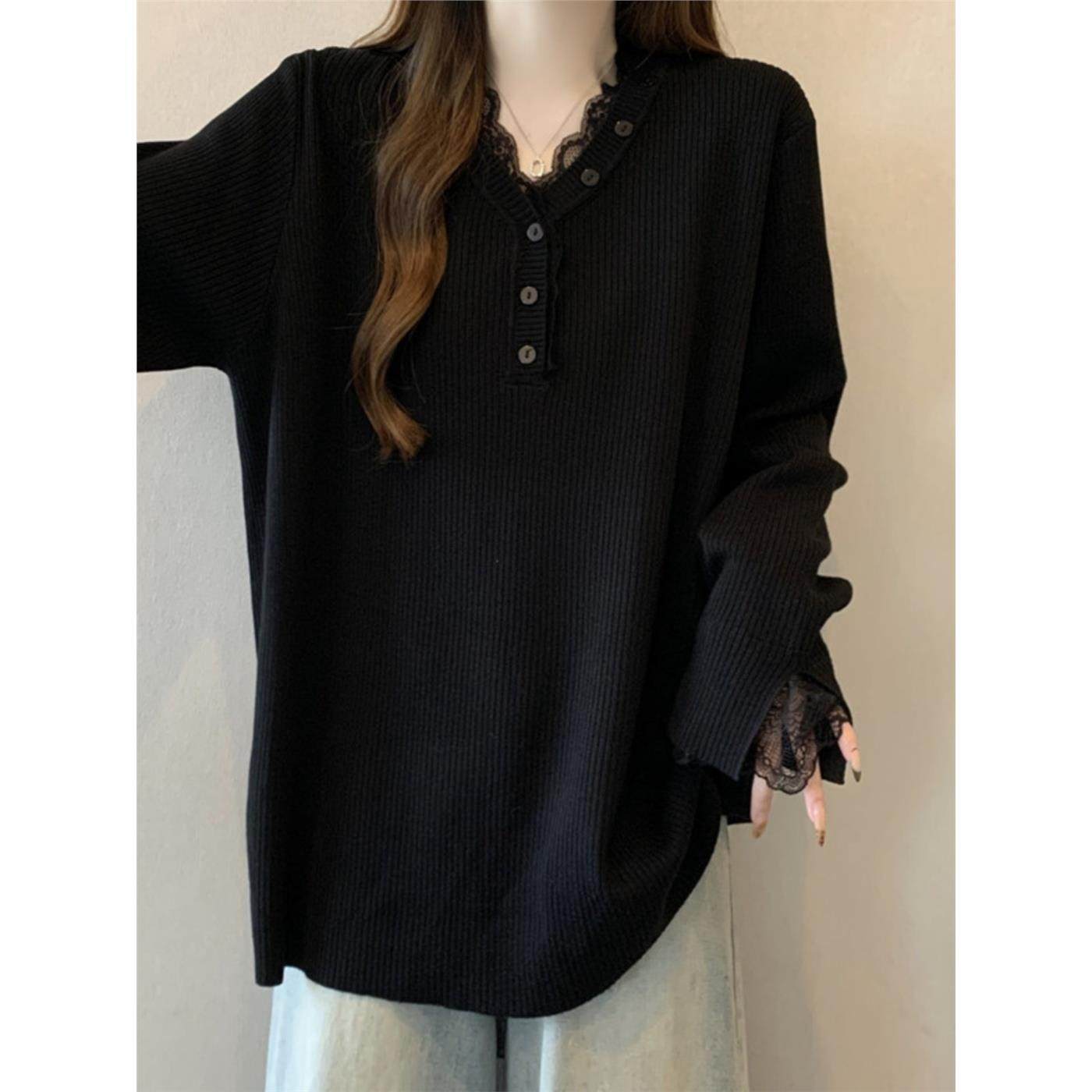蕾丝V领长袖针织女底衬衫2025春季新大尺寸脂肪毫米覆盖腹部内上