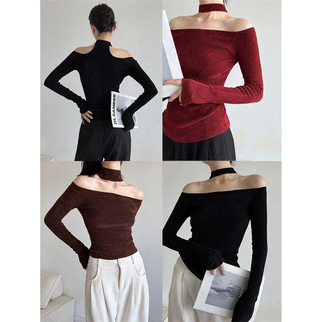 法式气质挂脖一字肩毛衣针织衫女秋冬内搭修身打底衫露肩上衣春秋