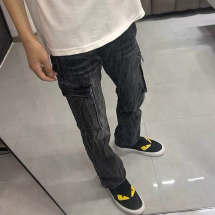 快手网红新款闪电水波纹口袋牛仔裤男女精神小伙宽松休闲百搭长裤
