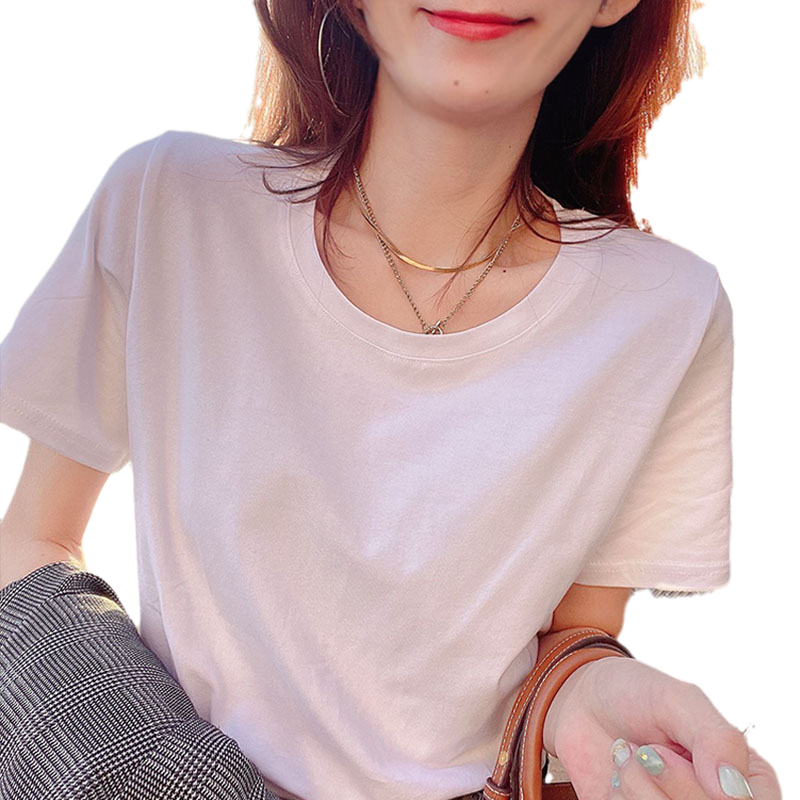 纯白色圆领短袖t恤女宽松2022新款夏短款t百搭正肩上衣