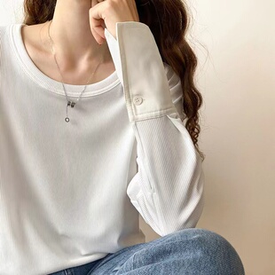 袖 体恤打底上衣拼接衬衫 宽松长袖 2023春秋白色T恤女纯棉中长款