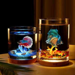 小金鱼缸 创意斗鱼缸圆形玻璃办公桌小型桌面孔雀鱼缸客厅夜灯加厚