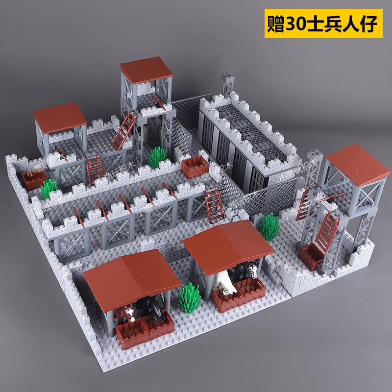中国积木墙砖军事基地堡垒碉堡城堡小颗粒城墙废墟场景拼插玩具
