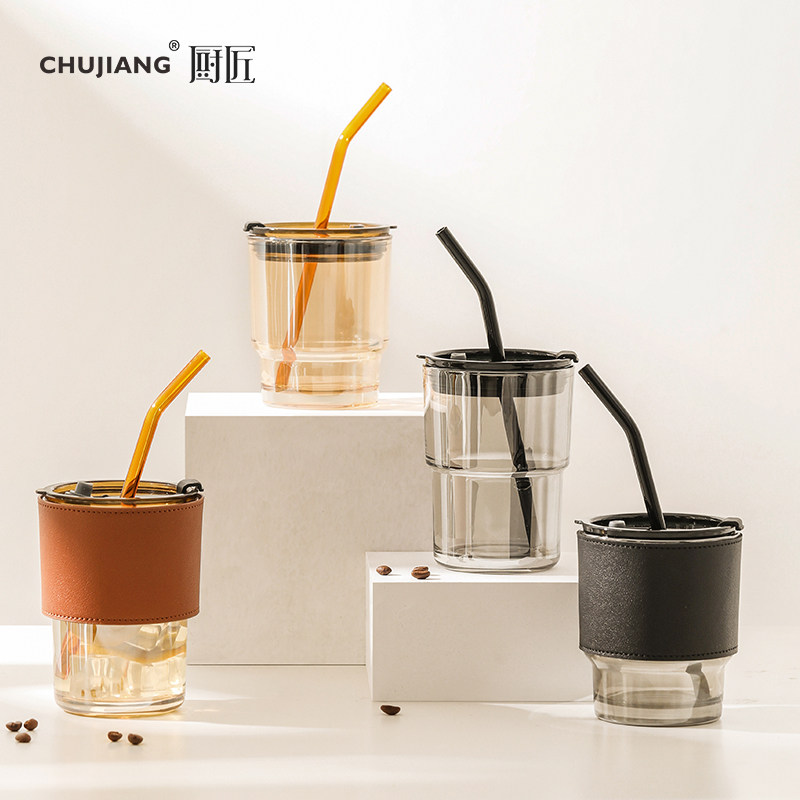 高颜值咖啡杯玻璃吸管杯女ins风设计小众办公室饮料杯子男生水杯
