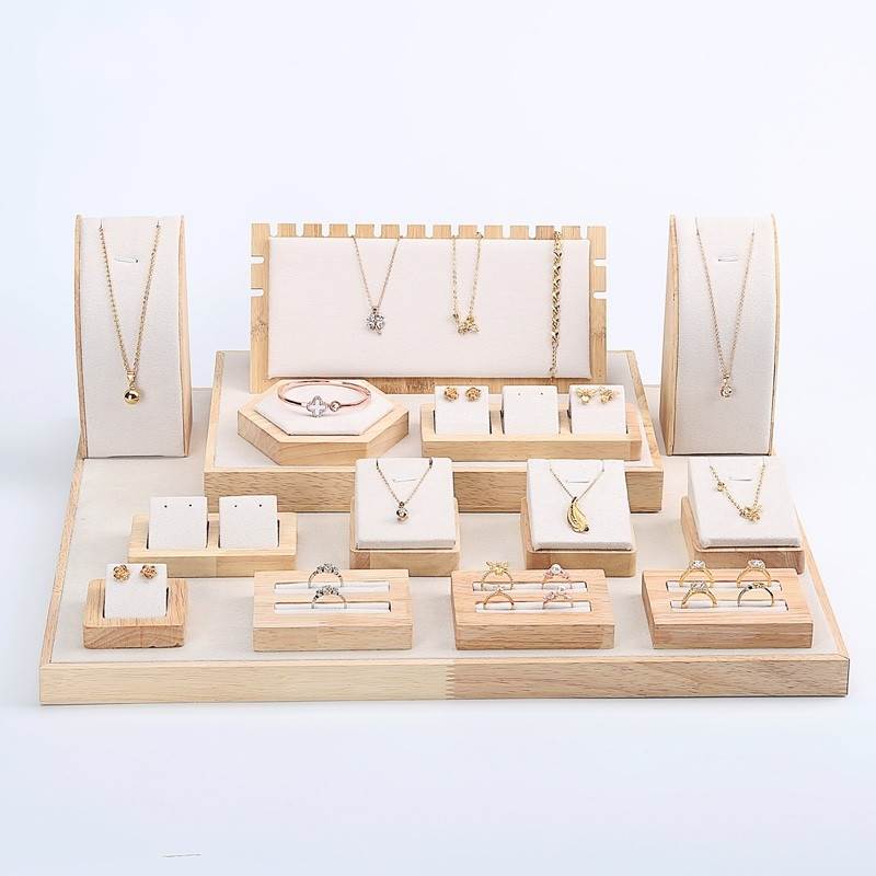 白皮木质珠宝展示道具柜台橱窗摆件架翡翠玉器饰品店展示套装组合