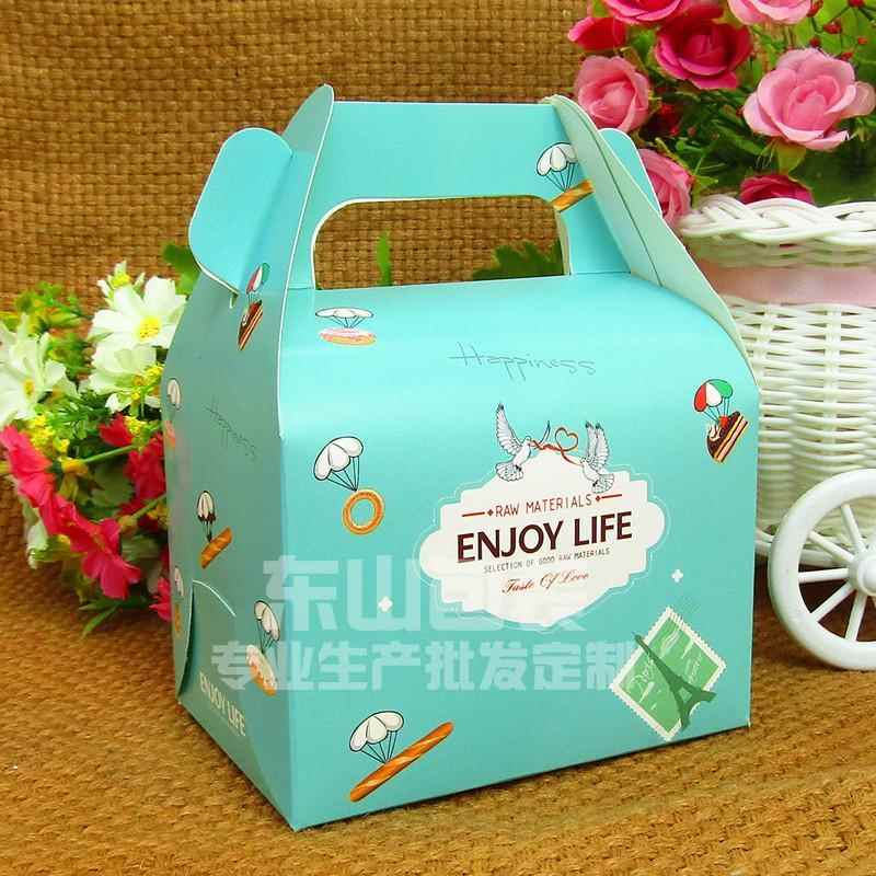 100个浅蓝小西点盒手提蛋糕慕斯包装盒 饼干点心打包纸盒子包邮