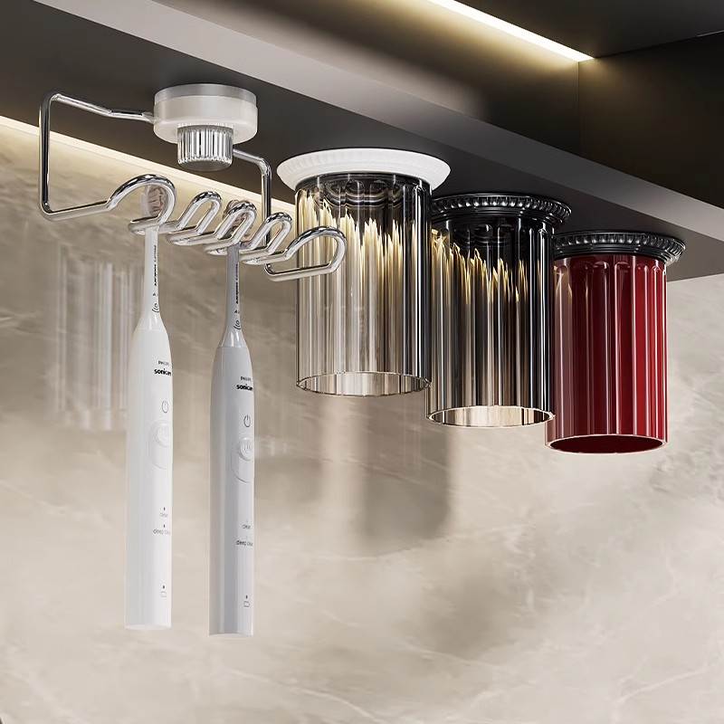 吸盘牙刷置物架壁挂式免打孔一家四口镜柜磁吸漱口杯电动牙刷架子