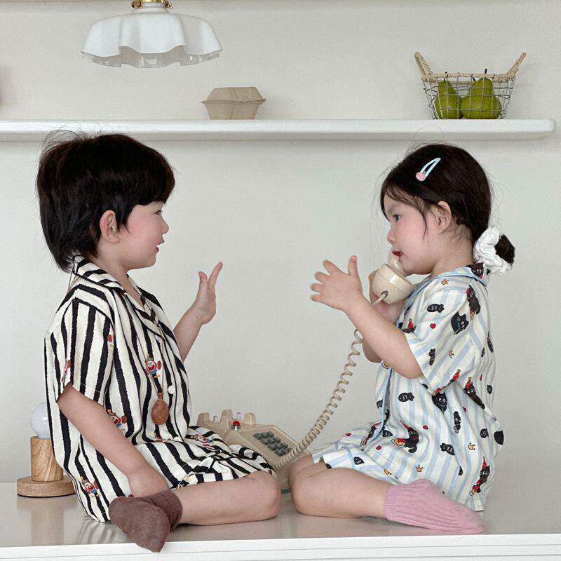 儿童睡衣可外穿夏宝宝开衫短袖短裤套装男女童韩版纯棉卡通家居服