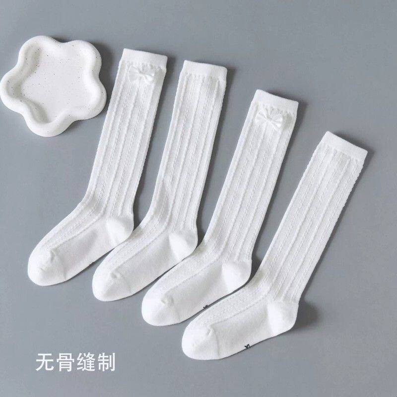 女童中筒袜白色春秋夏薄款蝴蝶结儿童长筒袜女孩高筒袜无骨学生袜