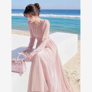 海边度假长裙2025春装法式高级感多巴胺穿搭仙女粉色雪纺连衣裙子