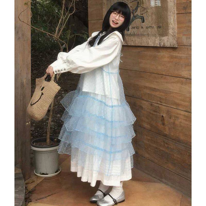 蓝色纱罩衫裙日系叠穿森