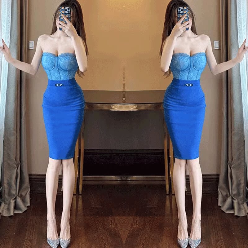 富家千金蓝色鱼骨抹胸+猪鼻子中长裙 显身材高级性感收腰显瘦套装