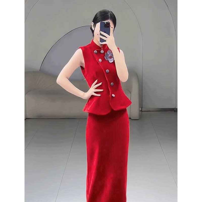 新中式晨袍女新娘订婚礼服裙高级感复古红色旗袍两件套结婚敬酒服