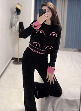 SY2023年冬季新品撞色边毛织斜门襟开衫套装女