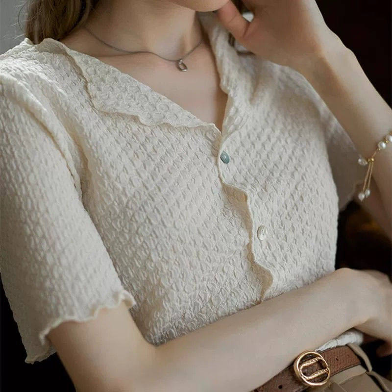 法式翻领雪纺衬衫女夏季