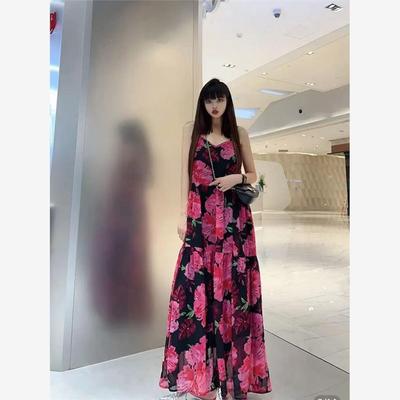爆款过膝吊带长裙高腰显