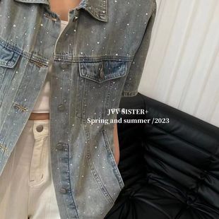 烫钻重工春夏薄料洗水复古纯棉牛仔进口贴钻轻奢风短袖宽松衬衫