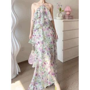 2025新款爆款超好看漂亮掐腰裙夏日绝美小裙子绿色碎花挂脖连衣裙