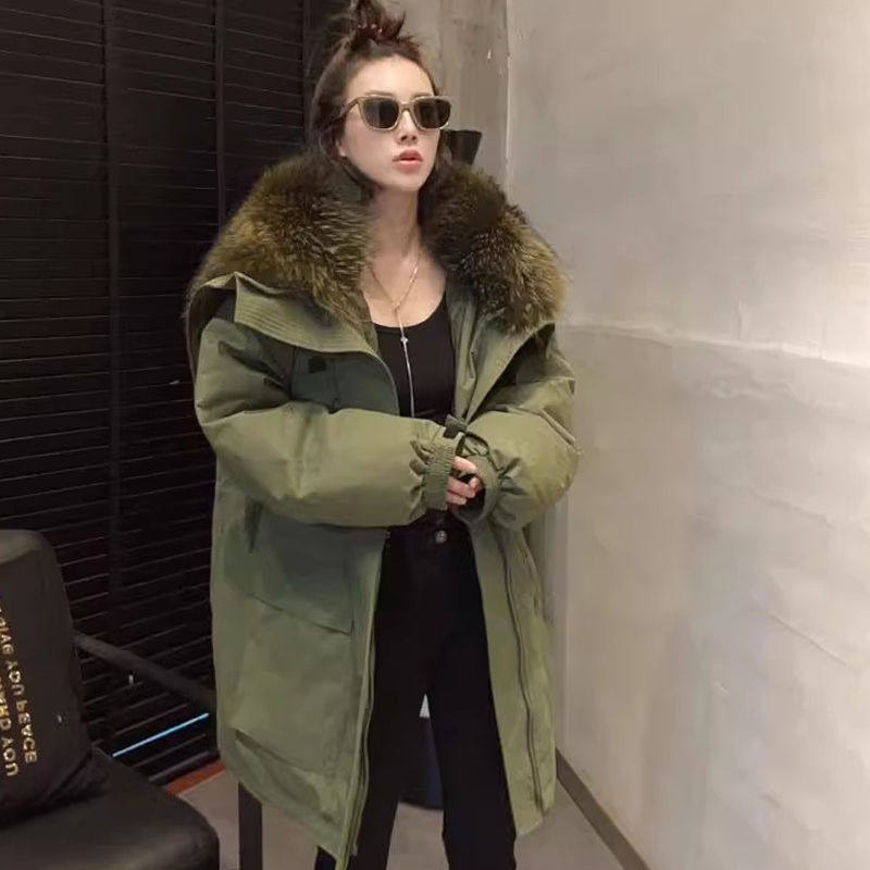欧货大毛领派克服女2024冬季新款宽松中长款加厚工装羽绒服外套潮