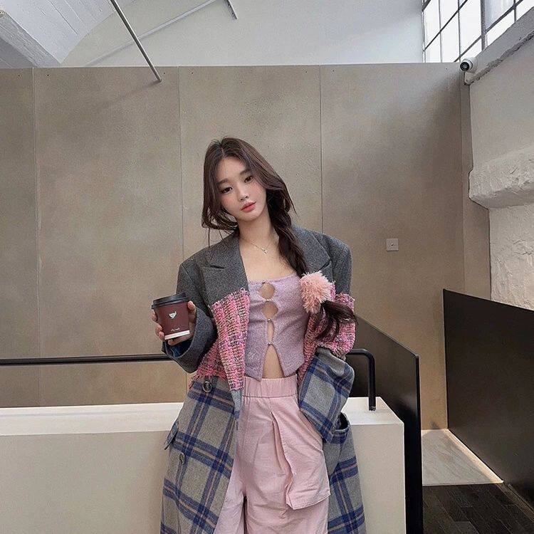 格子香风拼接呢大衣中长