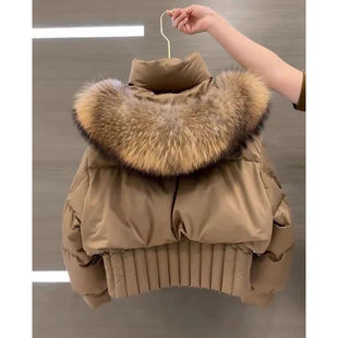 2024年冬季韩风棕色重工90白鸭绒羽绒服外套女超大毛领新款外套