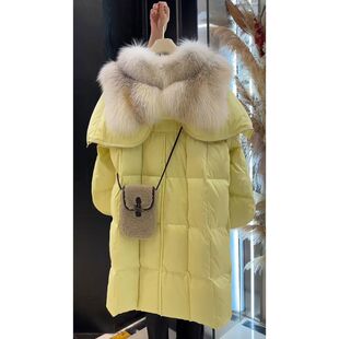 茶里茶气女生黄色毛毛领子长款羽绒服韩系慵懒风外套
